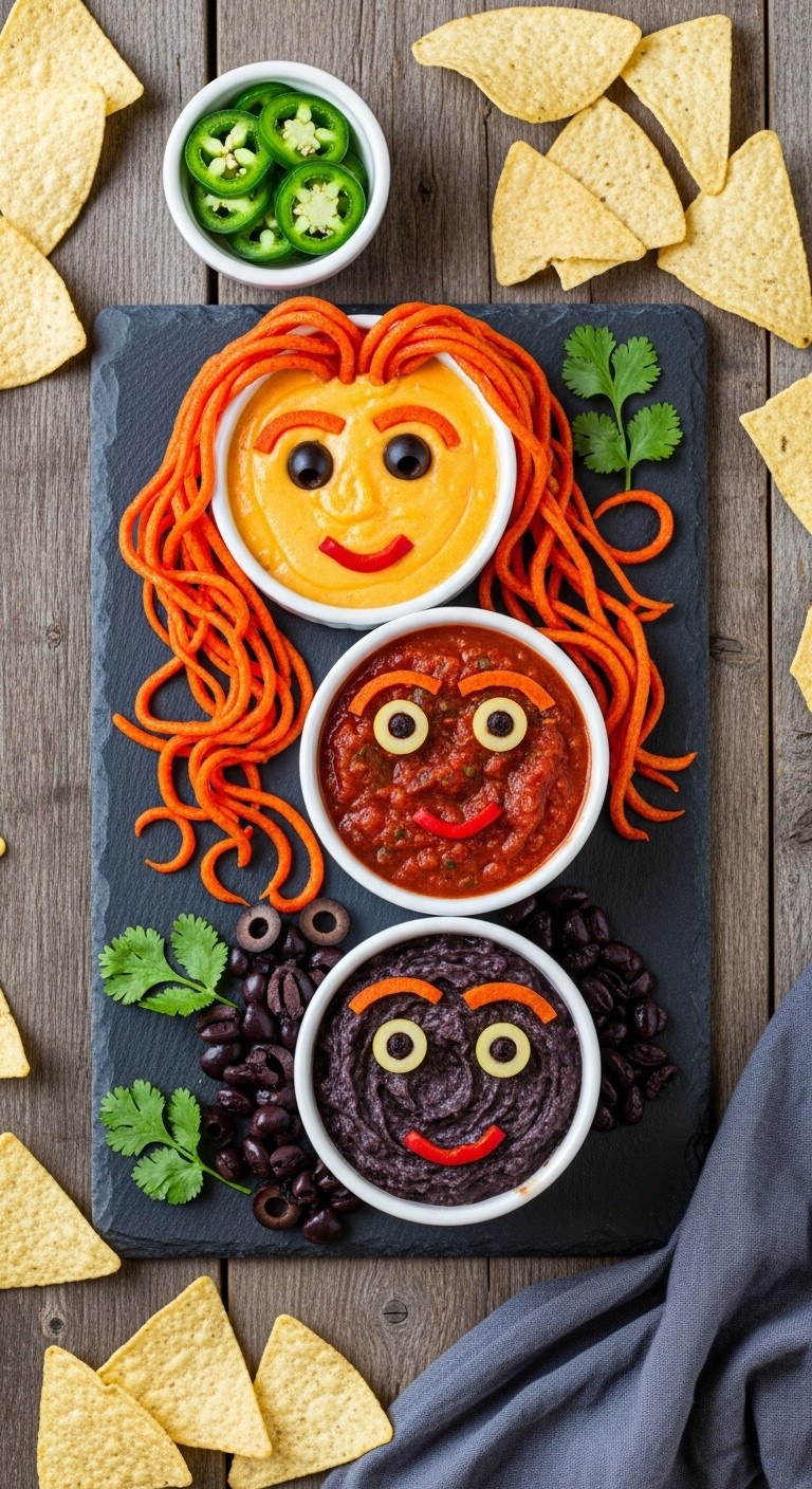 Sanderson Sisters Hair Dip Trio With Queso Salsa And Black Bean Dip On A Dark Slate Platter With Tortilla Chips