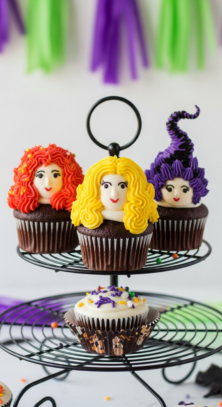 Sanderson Sisters Hair Do Cupcakes With Fiery Red Yellow And Dark Purple Frosting On A Tiered Stand