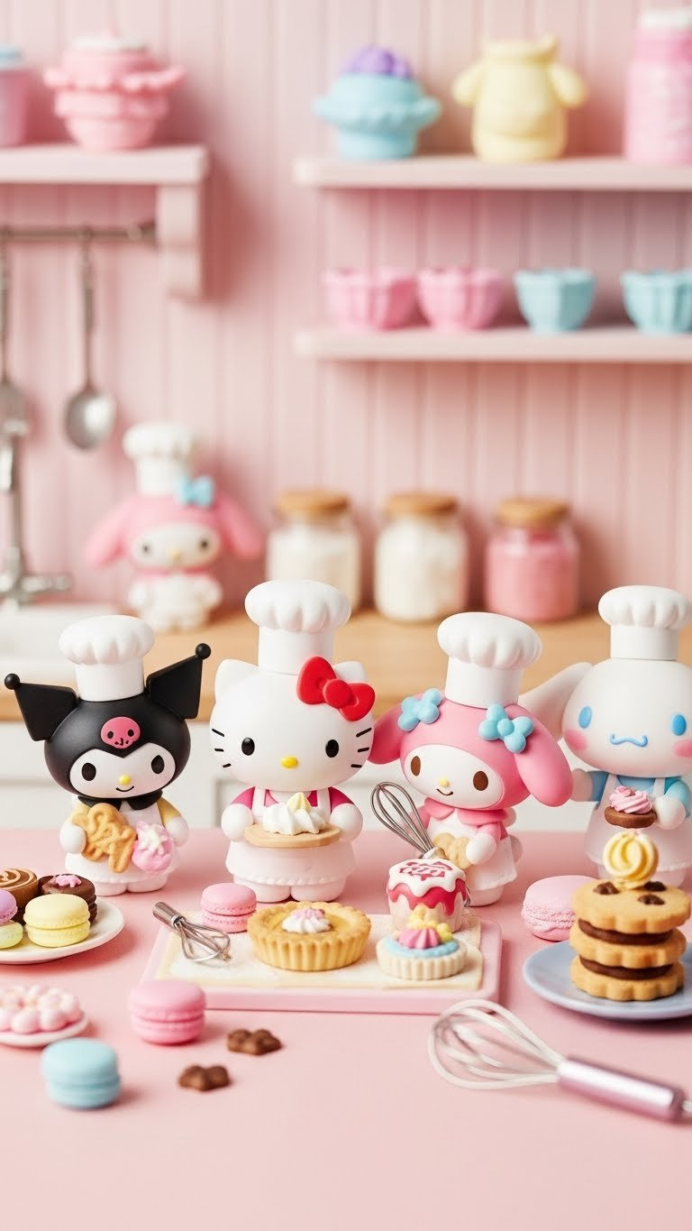 Sanrio Characters Hello Kitty And Cinnamoroll Wearing Chef Hats Baking Colorful Macarons In Pastel Pink Kitchen With Miniature Tools