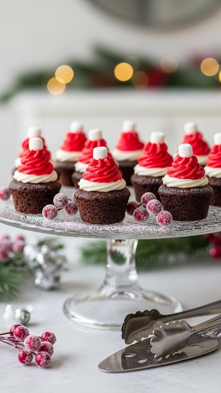 Santa Hat Brownie Bites Topped With Red Whipped Cream And White Marshmallow Pom-Poms Displayed On A Tiered Christmas Dessert Stand