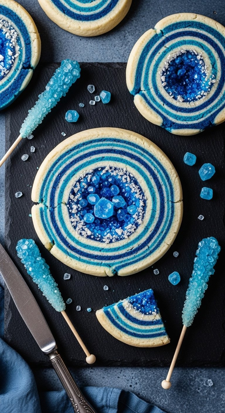 Sapphire Blue And Silver Geode Spiral Cookie With Brilliant Sugar Crystals On Dark Slate Surface.