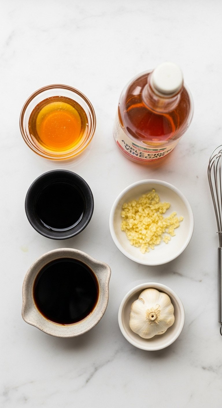 Sauce Ingredients Including Honey, Soy Sauce, Minced Garlic, And Apple Cider Vinegar Arranged On A White Marble Counter.