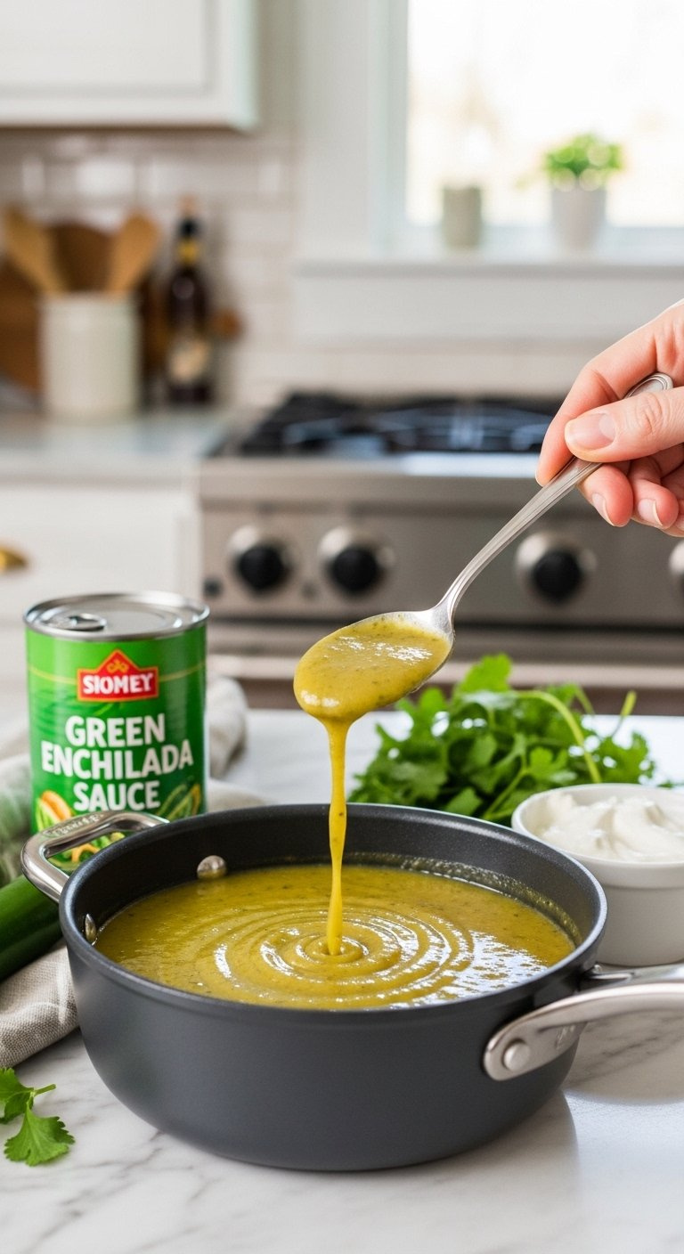 Saucepan Filled With Vibrant Green Chile Enchilada Sauce On A Marble Countertop.