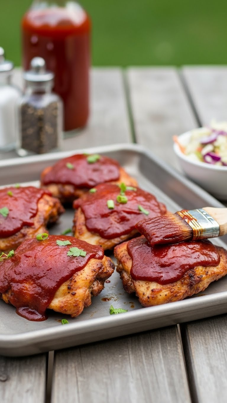 Saucy Bbq Instant Pot Chicken Thighs Coated In Thick Dark Red Sauce On Metal Baking Sheet