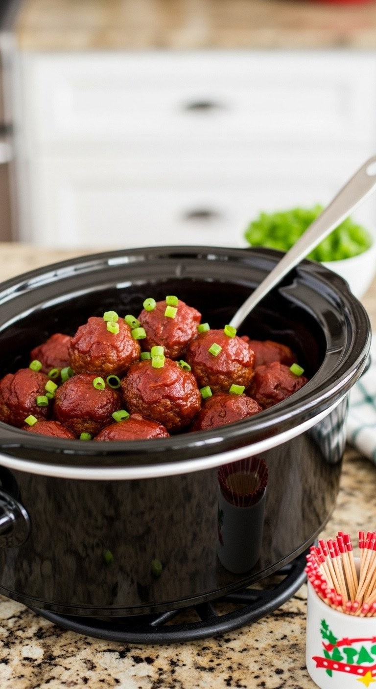 Saucy Cranberry Bbq Meatballs In A Black Slow Cooker Bowl, Garnished With Green Onions And Serving Spoon. Easy Party Appetizer Recipe.