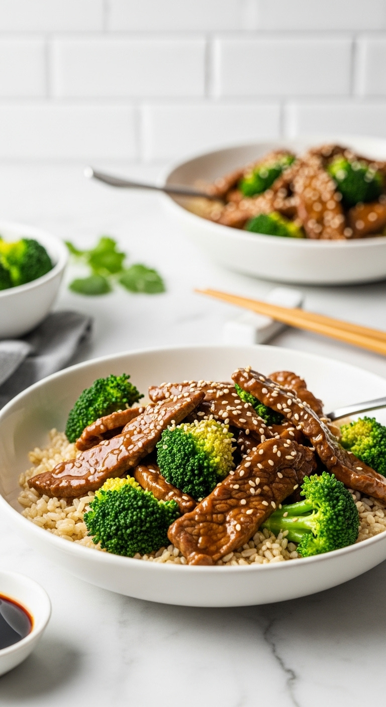 Saucy Slow Cooker Beef And Broccoli With Vibrant Green Florets, Served Over Brown Rice And Sprinkled With Sesame Seeds.