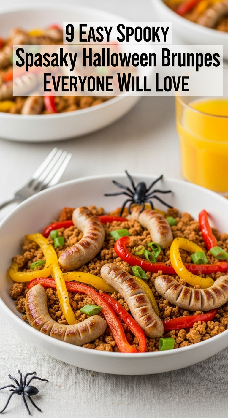 Sausage And Pepper Worms Served In A Bowl With A Plastic Spider For A Spooky Halloween Brunch
