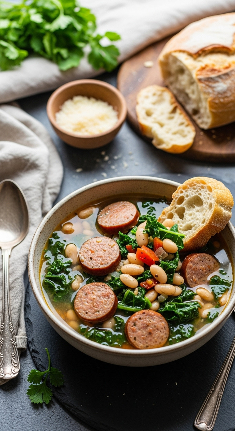 Sausage Kale And White Bean Soup In A Rustic Bowl With Crusty Bread On A Dark Textured Surface