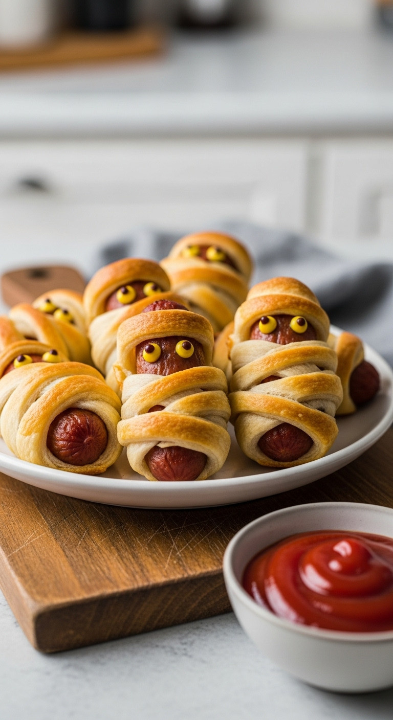 Sausage Mummies In A Blanket With Mustard Eyes On A Wooden Board For A Savory Halloween Breakfast