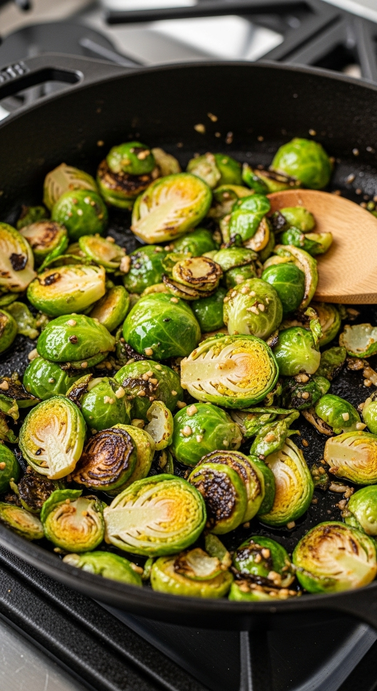 Sautéed Brussels Sprouts With Garlic Butter In A Black Cast Iron Skillet On A Stovetop With Bright Natural Light