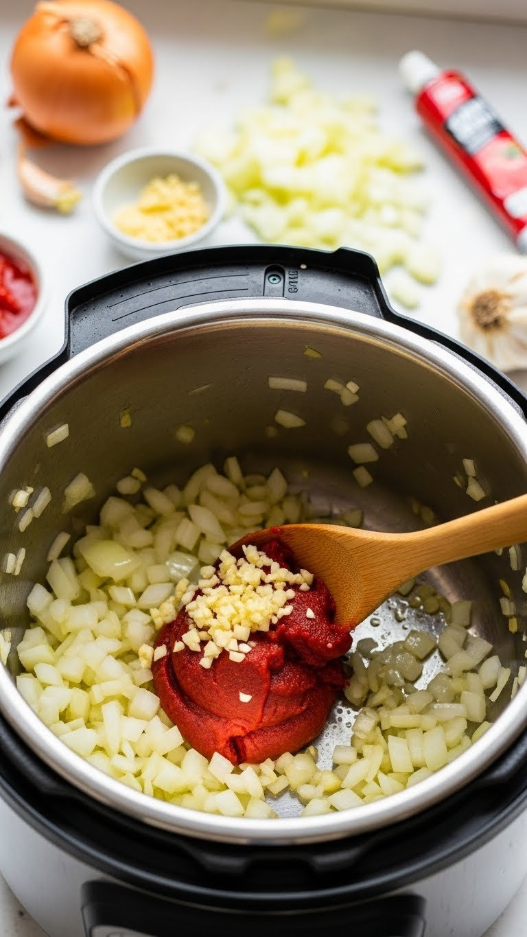 Sautéed Diced Yellow Onions, Minced Garlic, And Deep Red Tomato Paste Caramelizing In An Instant Pot, Building Savory Fond.
