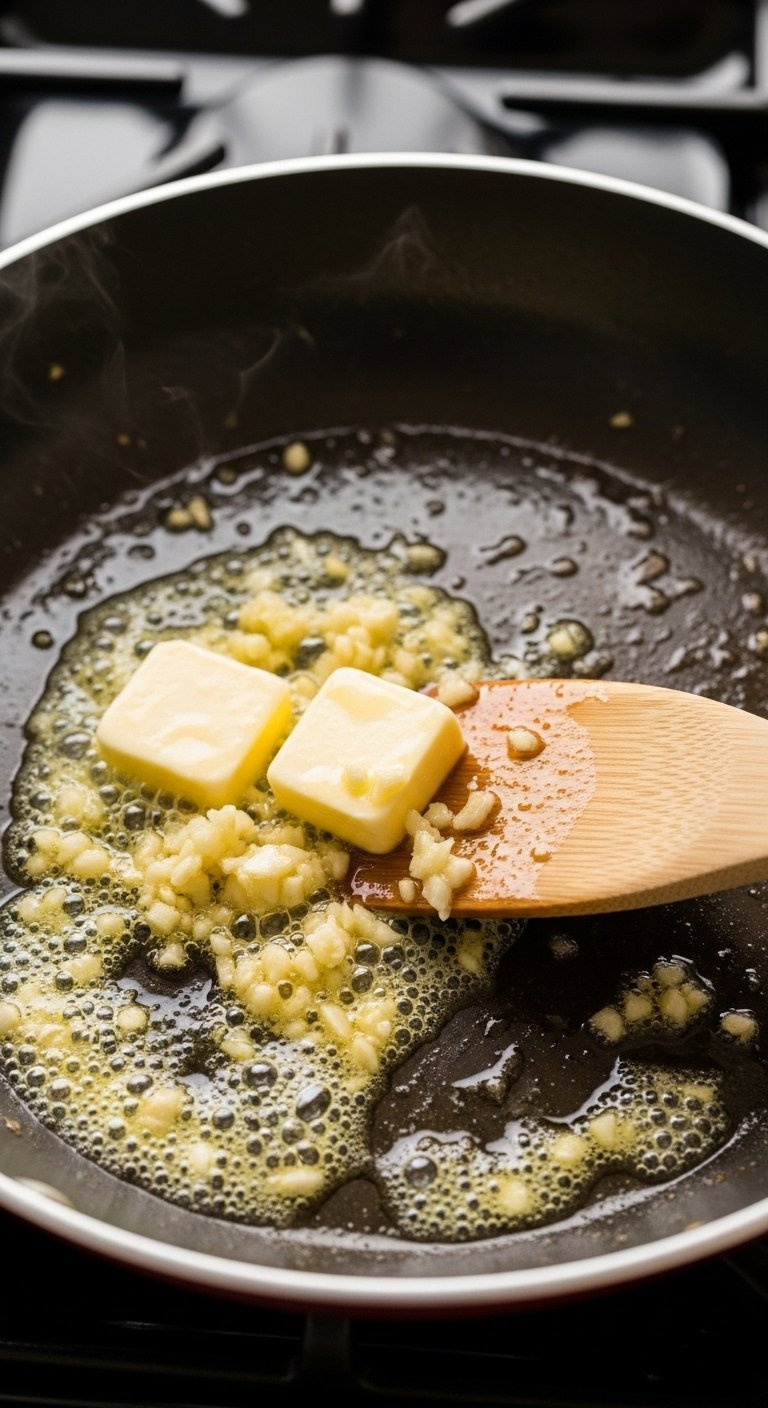 Sautéed Minced Garlic And Shallots Cooking In Foaming Melted Butter Inside A Hot Skillet.