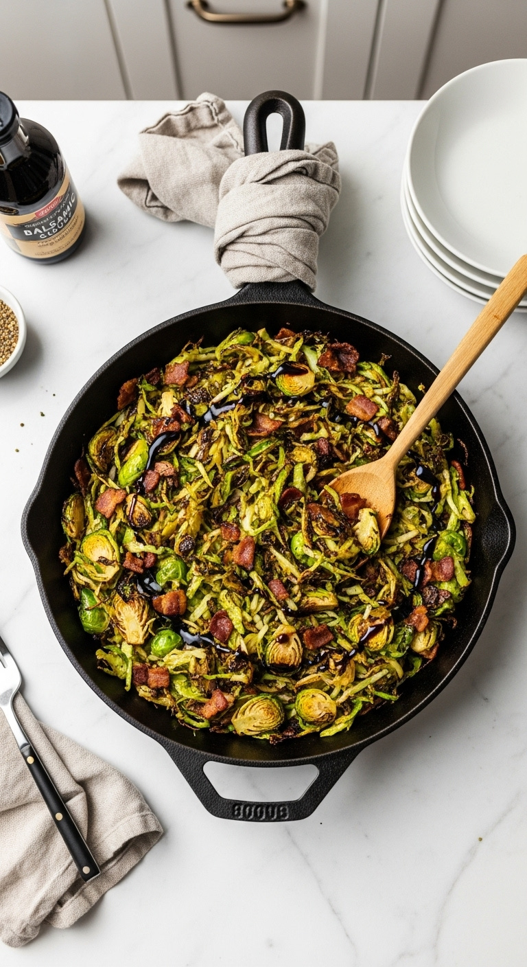 Sautéed Shredded Brussels Sprouts With Crispy Bacon Bits And Glossy Balsamic Glaze In A Cast Iron Skillet On Marble