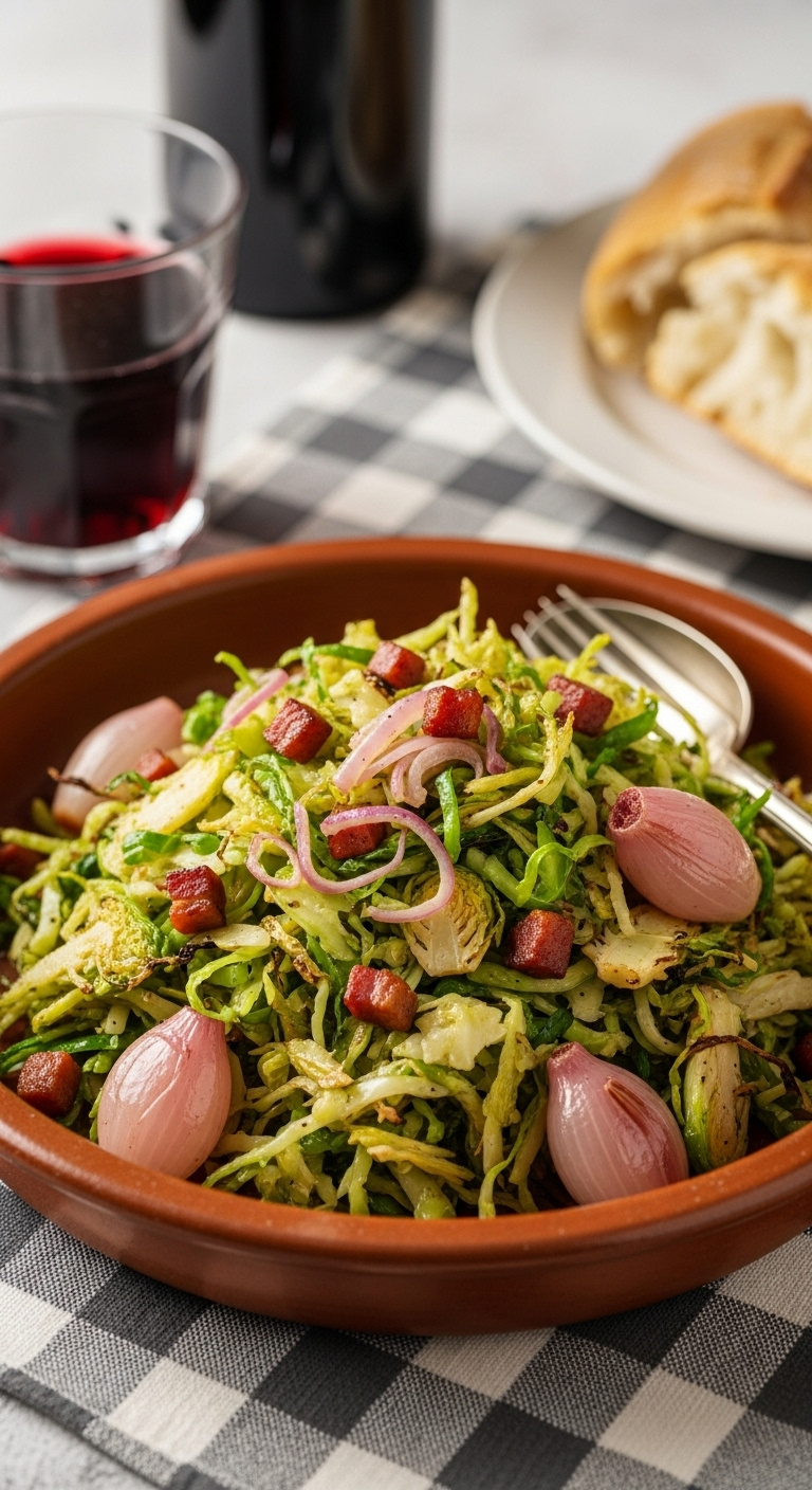 Sautéed Shredded Brussels Sprouts With Crispy Pancetta And Softened Shallots In An Earthenware Bowl With Red Wine And Bread