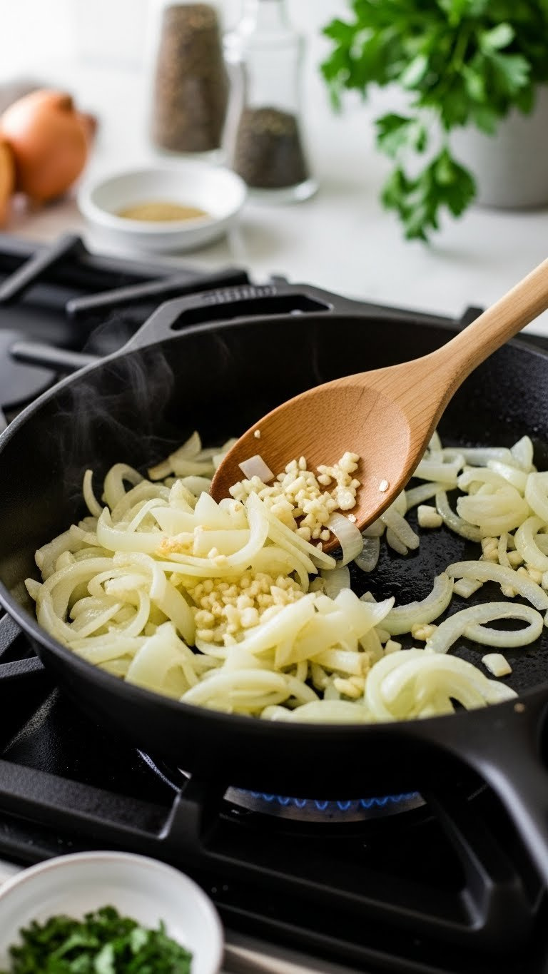 Sautéed Yellow Onions And Minced Garlic Cloves Softening In A Hot Skillet For Flavor Base