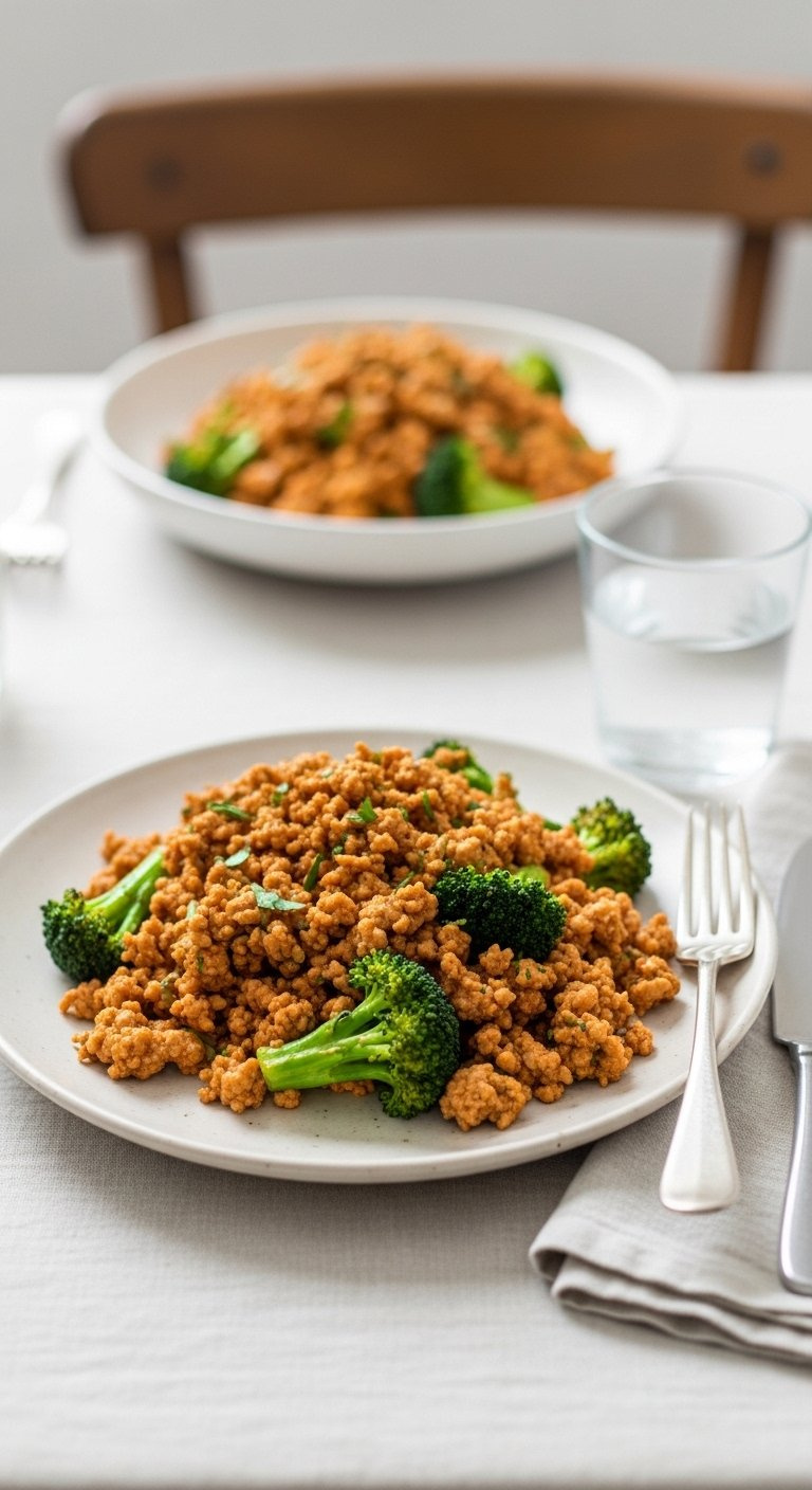 Savory Bang Bang Chicken Bowl Featuring Seasoned Ground Chicken Mixed With Broccoli And Sauce On A Ceramic Plate.