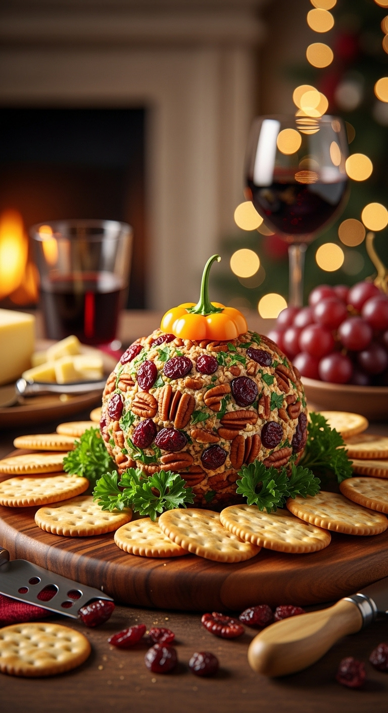 Savory Christmas Ornament Cheese Ball With Pecans Cranberries And Parsley On A Wood Board With Crackers And A Blurred Festive Background