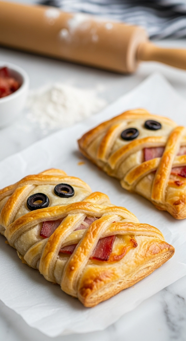 Savory Halloween Mummy Hand Pies With Flaky Pastry Bacon Filling And Olive Eyes On Parchment Paper