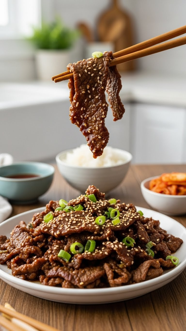 Savory Instant Pot Korean Beef Bulgogi, Perfectly Caramelized And Garnished With Scallions And Sesame Seeds, Served With Rice And Kimchi.