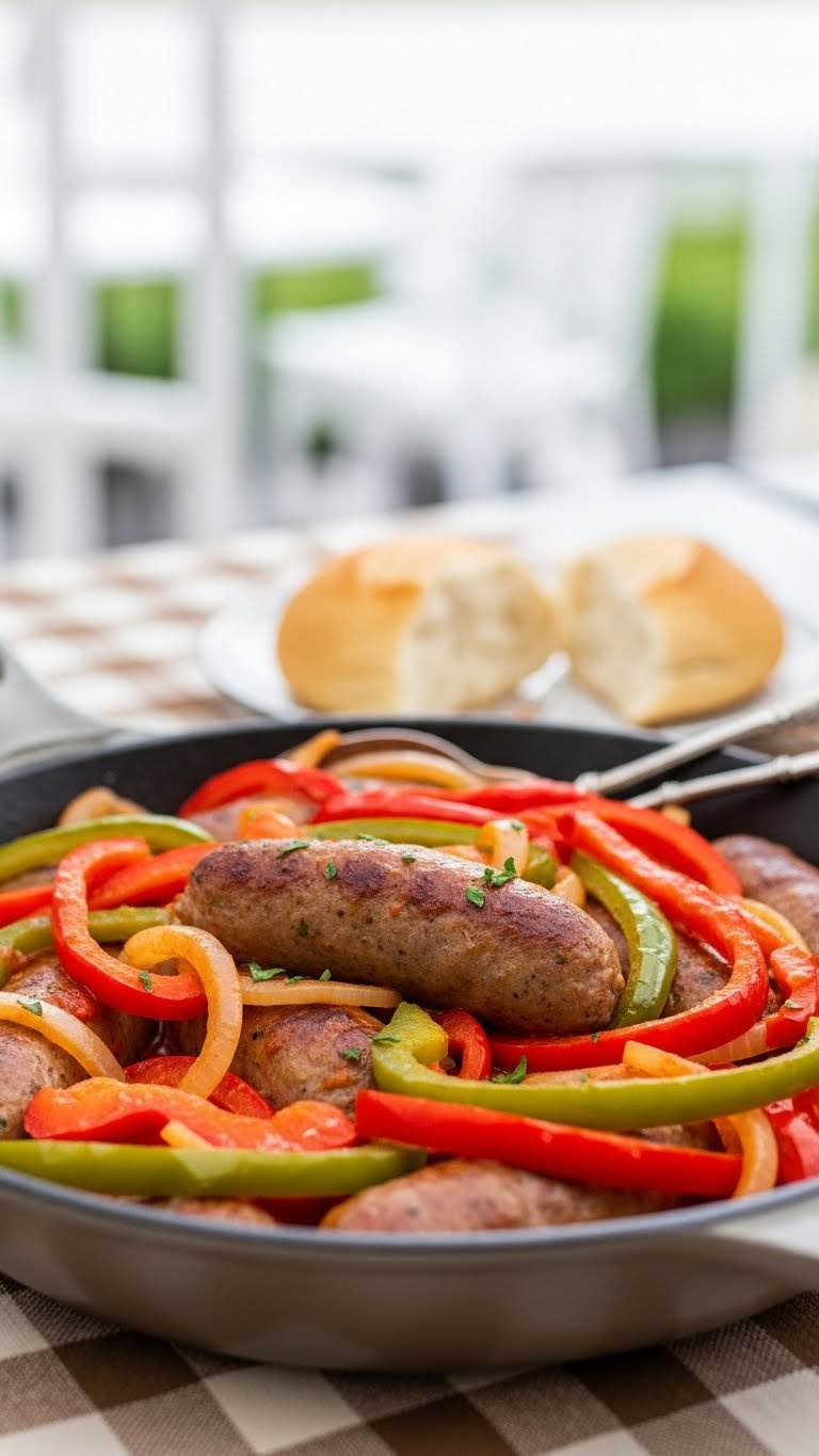 Savory Italian Sausage And Peppers With Onions In Tomato Sauce Served In Rustic Skillet-Style Bowl
