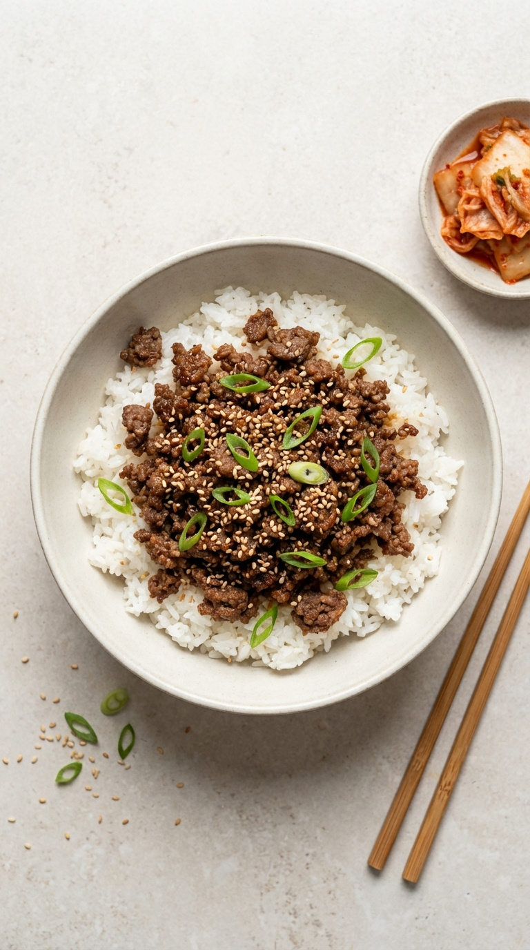 Savory Korean Ground Beef Rice Bowl Topped With Sesame Seeds And Green Onions In Minimalist Ceramic Bowl.