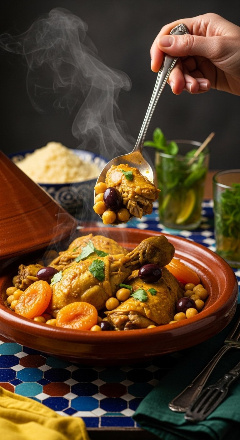 Savory Moroccan Chicken Tagine Stew With Apricots And Olives Served In A Conical Pot.