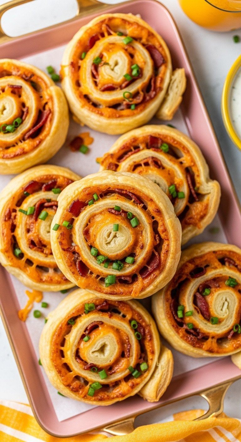 Savory Bacon Cheddar Ranch Puff Pastry Pinwheels With Chives On A Tray. Game Day Appetizer Recipe.
