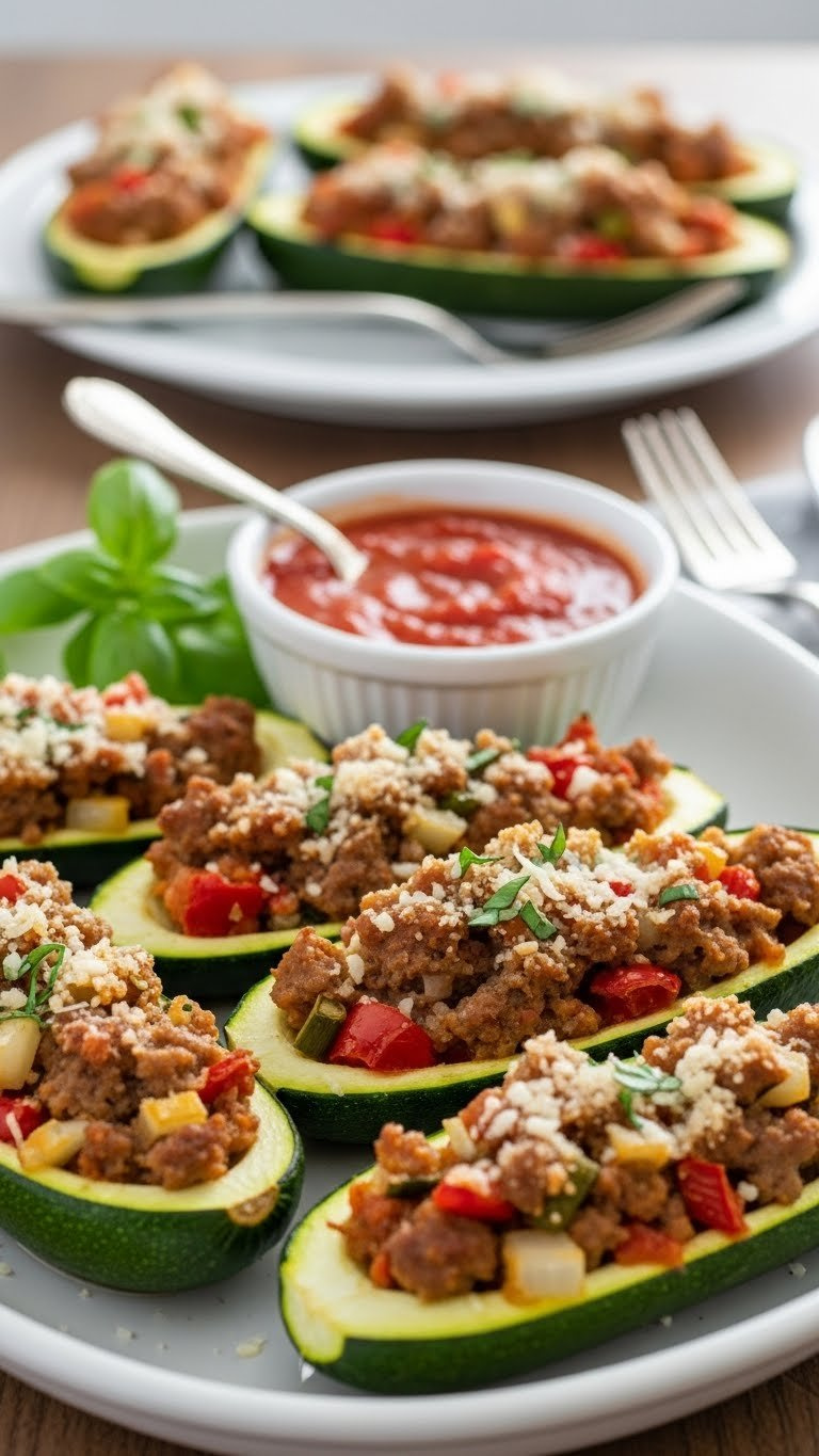 Savory Baked Zucchini Boats Filled With Italian Sausage And Vegetables On Ceramic Platter With Golden Hour Lighting