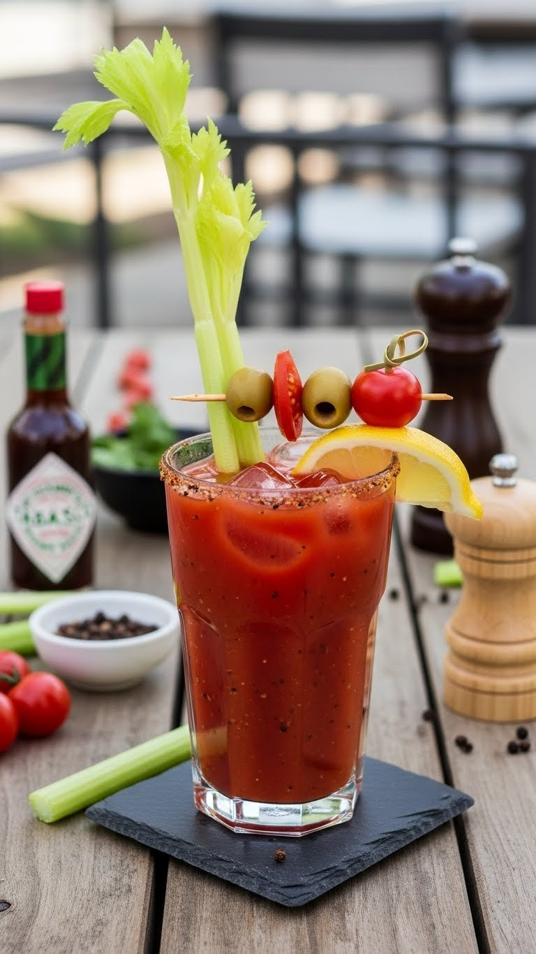Savory Bloody Mary Mocktail In Rimmed Glass With Celery Garnish On Rustic Wooden Table