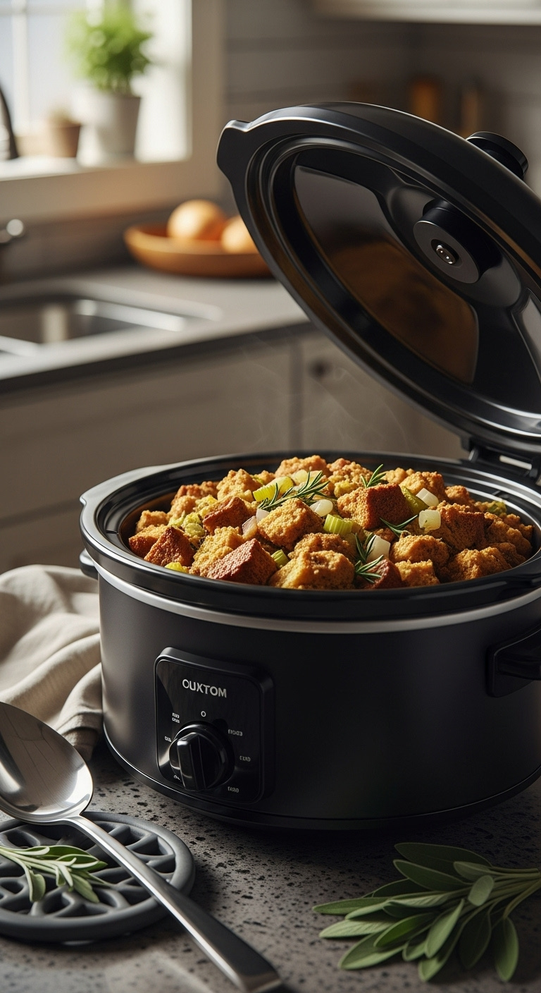 Savory Bread Stuffing In A Modern Dark Slow Cooker With The Lid Ajar On A Granite Countertop In Warm Moody Light