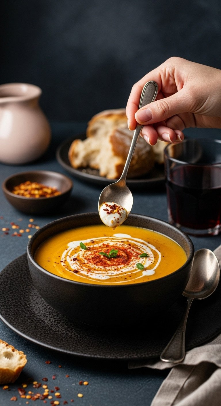 Savory Butternut Squash Soup, Smoked Paprika, Crème Fraîche Swirl. Deep Color In Rustic Bowl, With Sourdough, Red Wine. Bold Gourmet Fall Flavor.