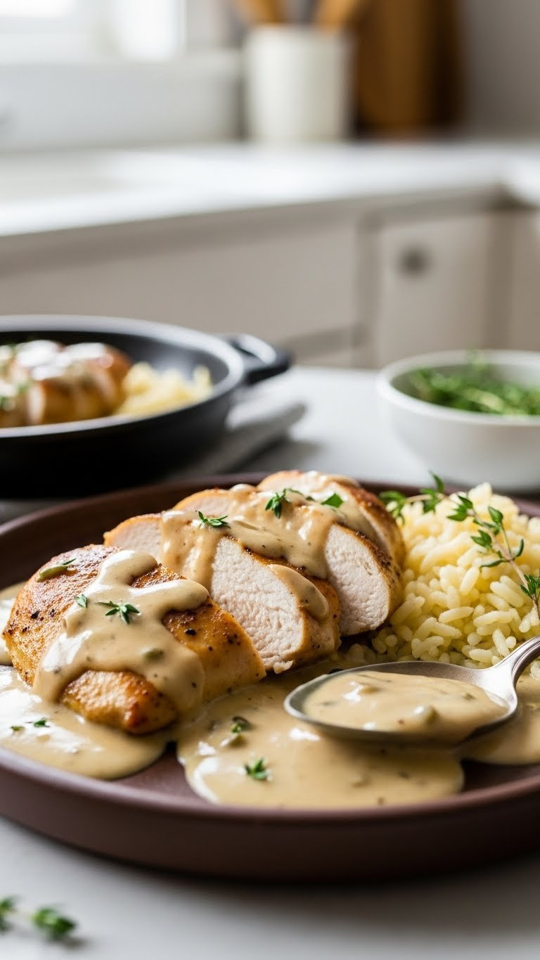 Savory Creamy Instant Pot Chicken Breast In A Rich Sauce With Fresh Thyme, Served With Rice On A Rustic Plate For Dinner.