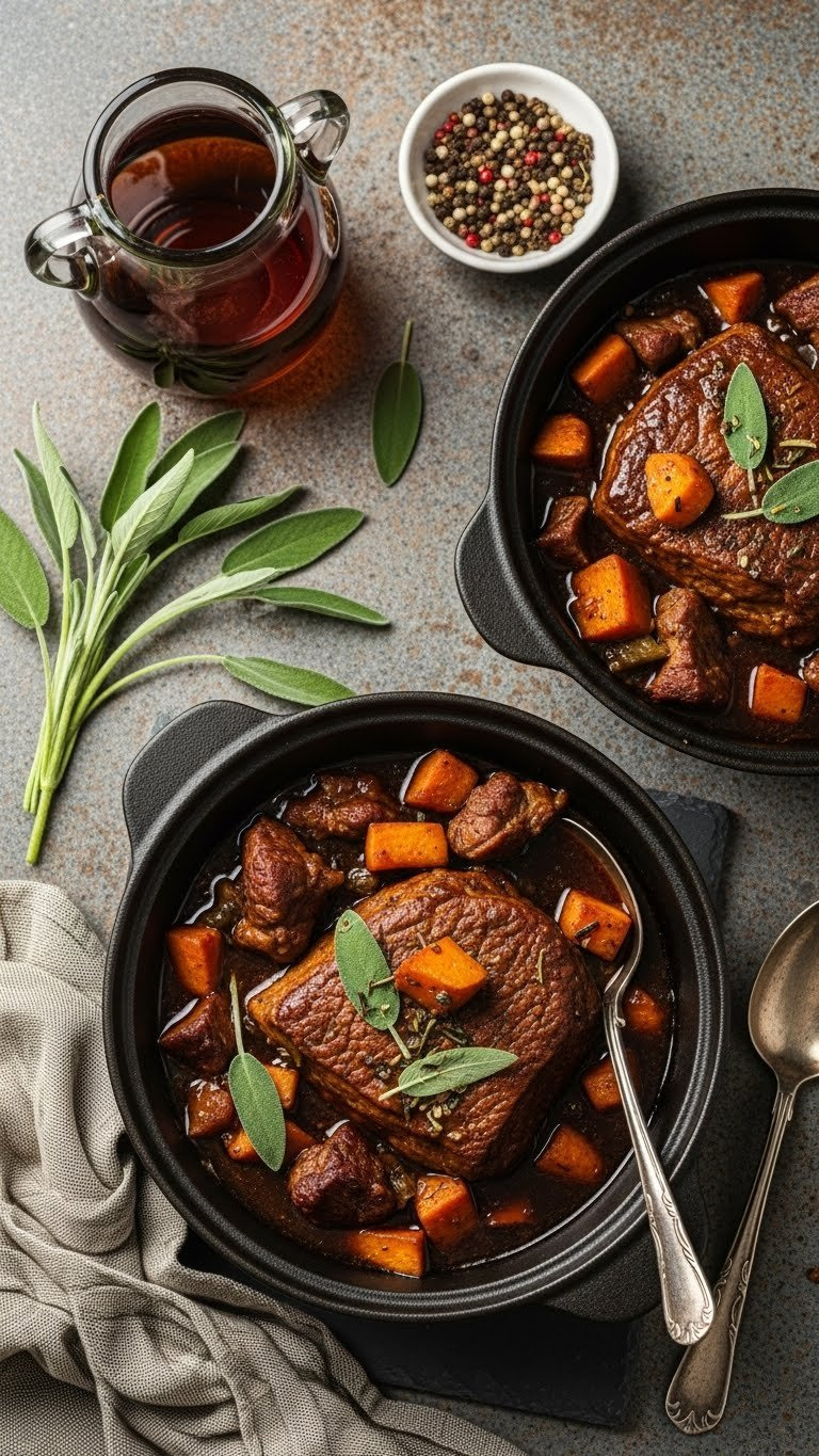 Savory Crockpot Pork Stew With Tender Chunks, Sweet Potatoes, And Sage Garnish In Dark Cast-Iron Pot
