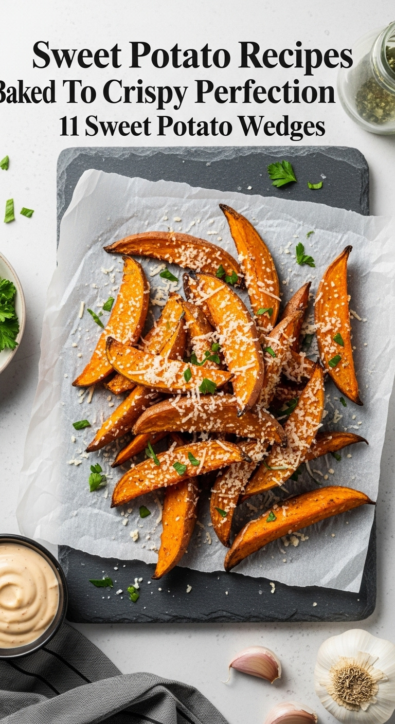 Savory Garlic Parmesan Sweet Potato Wedges On Parchment Paper With Aioli And Garlic On A Slate Board