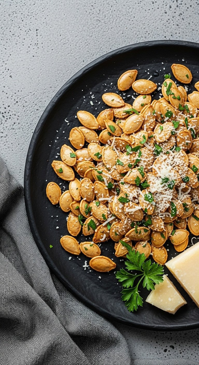 Savory Garlic Parmesan Roasted Pumpkin Seeds On A Dark Slate Plate With Fresh Parsley And Parmesan Cheese, A Crunchy Snack.