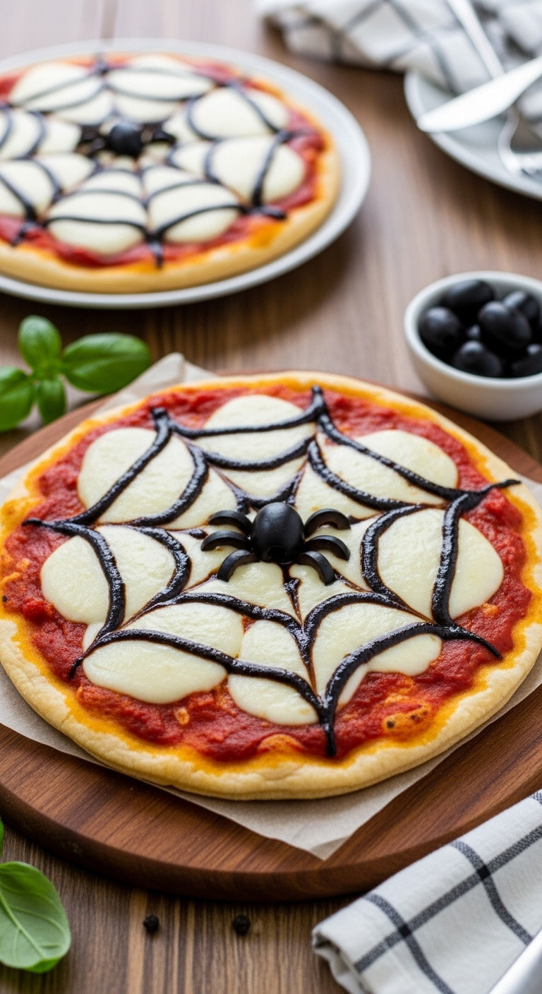 Savory Gluten-Free Spiderweb Pizzas With Black Olive Spiders On A Wooden Peel