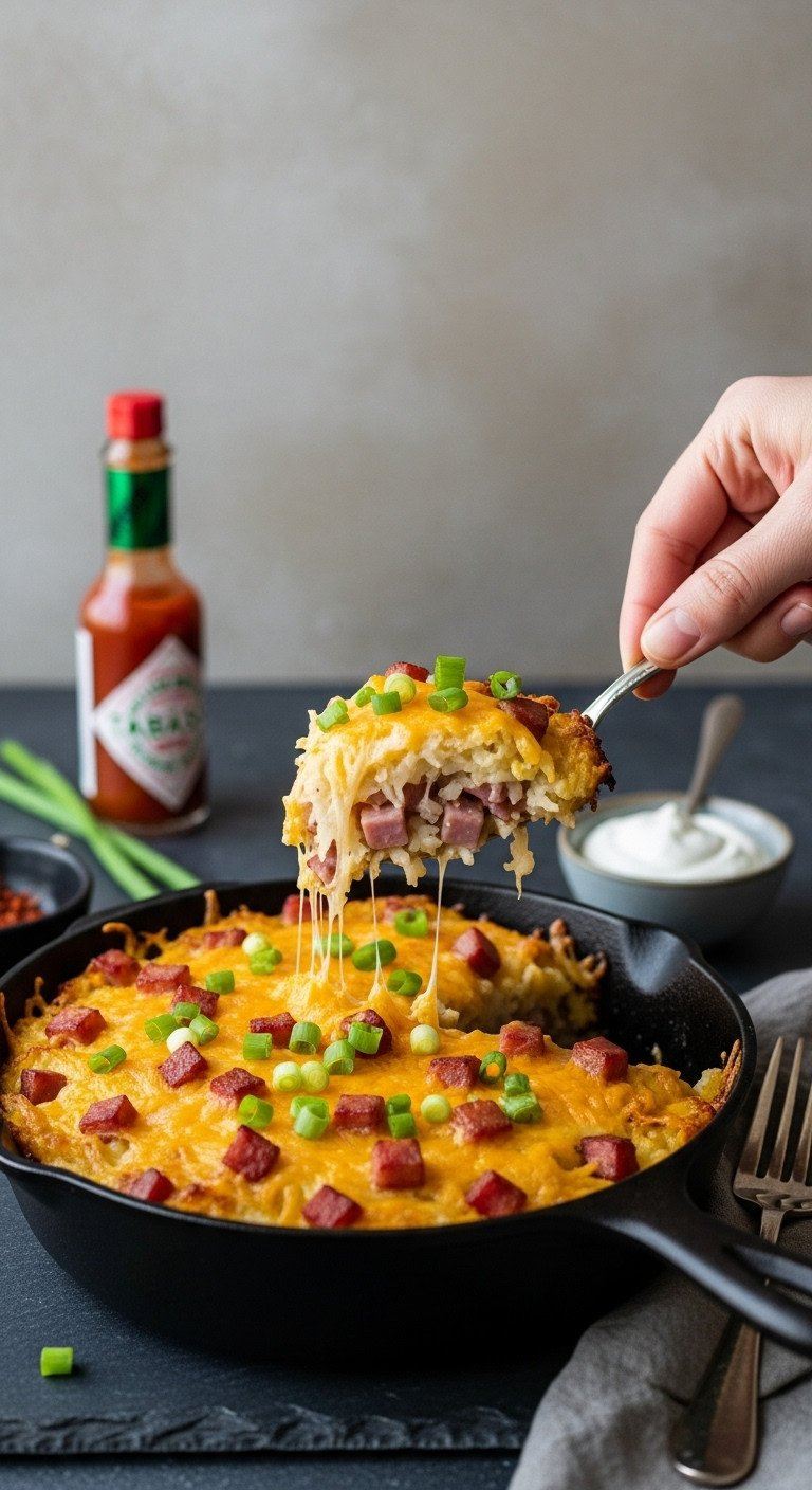 Savory Hashbrown And Ham Breakfast Bake In A Cast Iron Skillet, With A Cheesy Crust And A Scoop Showing Potato Layers.