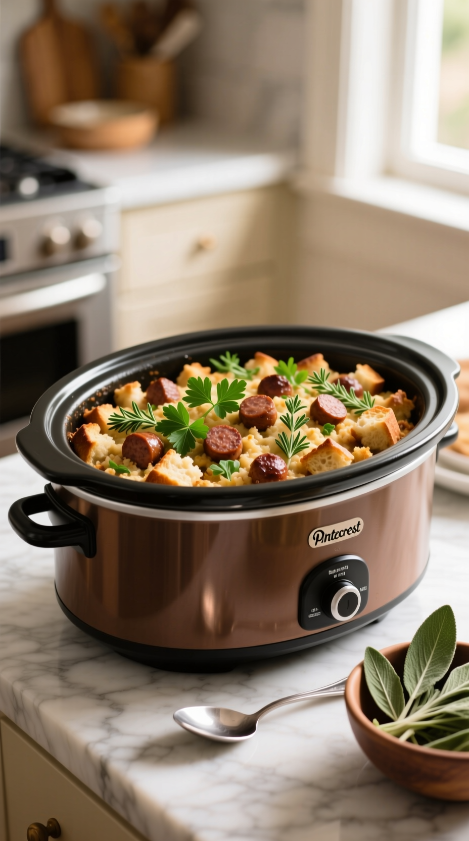 Savory Herb And Sausage Stuffing With Fresh Herbs In A 6-Quart Oval Slow Cooker On A Marble Countertop In A Kitchen.
