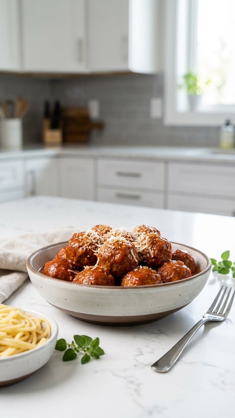 Savory Instant Pot Frozen Meatballs In Glossy Marinara Sauce With Parmesan, Served In A Modern Bowl On Marble.