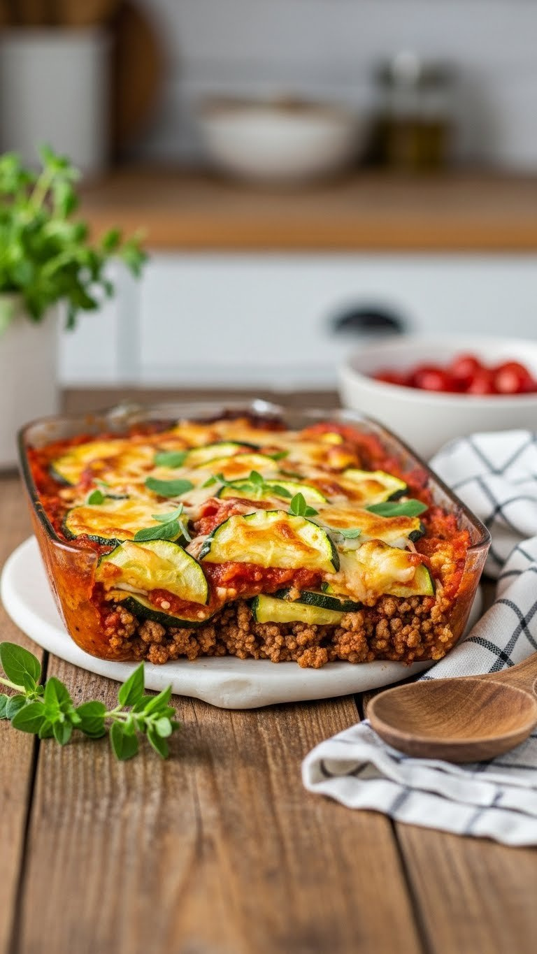 Savory Keto Ground Beef Zucchini Bake With Tomato Sauce And Melted Cheese In Rustic Casserole Dish