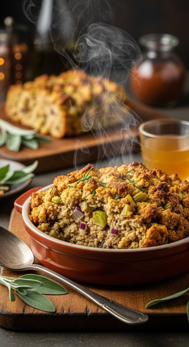 Savory, Moist Stuffing With Celery, Onion, Herbs, Steaming In A Terracotta Dish. Warm Golden Light, Comforting Holiday Side.