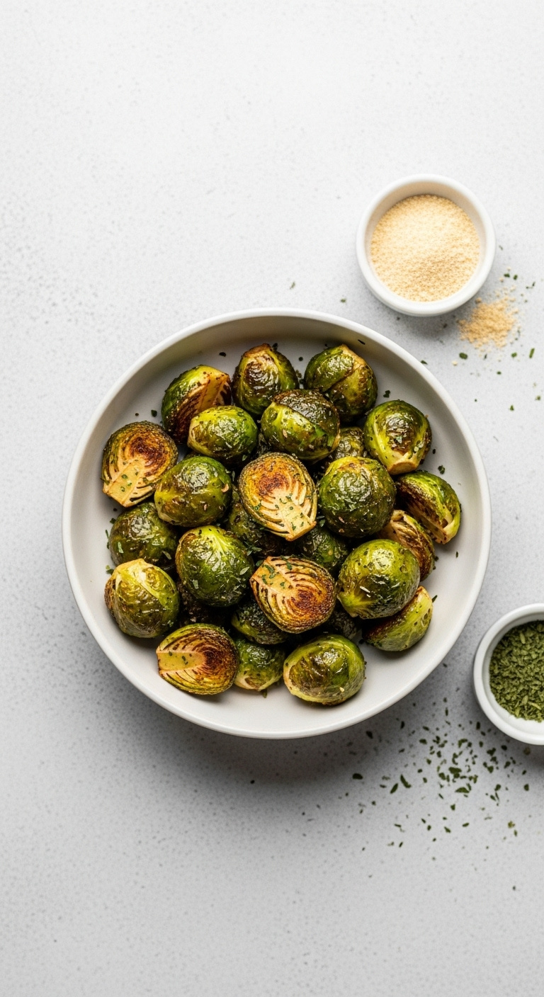 Savory Onion And Herb Air Fryer Brussels Sprouts In A Minimalist Bowl With Parsley And Onion Powder On A Gray Background