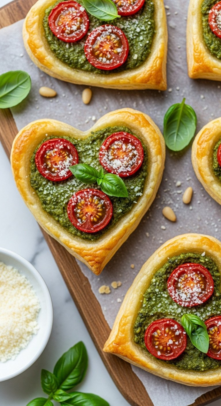 Savory Pesto And Cherry Tomato Puff Pastry Hearts, Golden Brown, Flaky, With Parmesan On Rustic Wood, Basil And Pine Nuts.