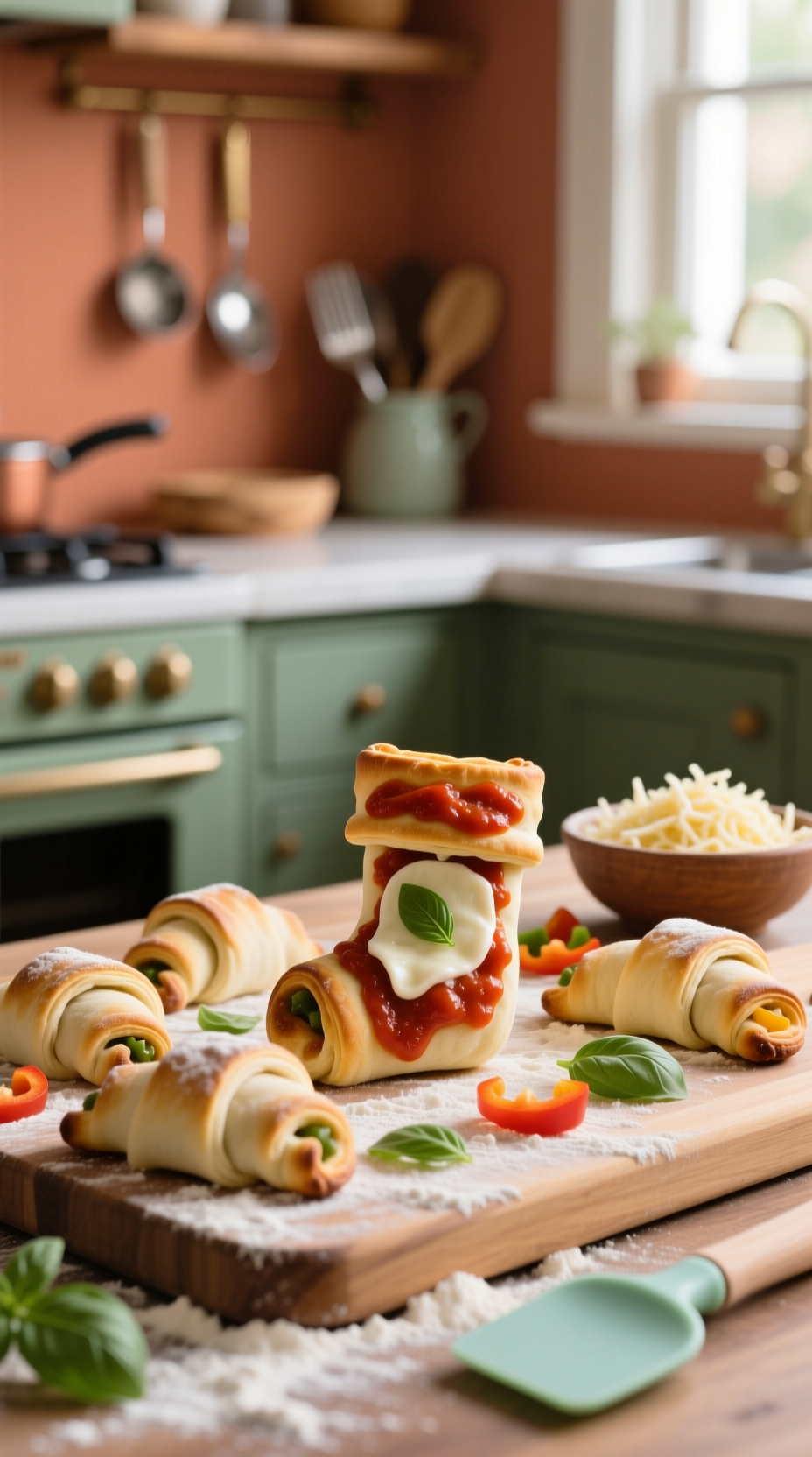 Savory Pizza Stockings Made From Crescent Rolls With Sauce, Mozzarella, And Bell Pepper, On A Wooden Cutting Board.