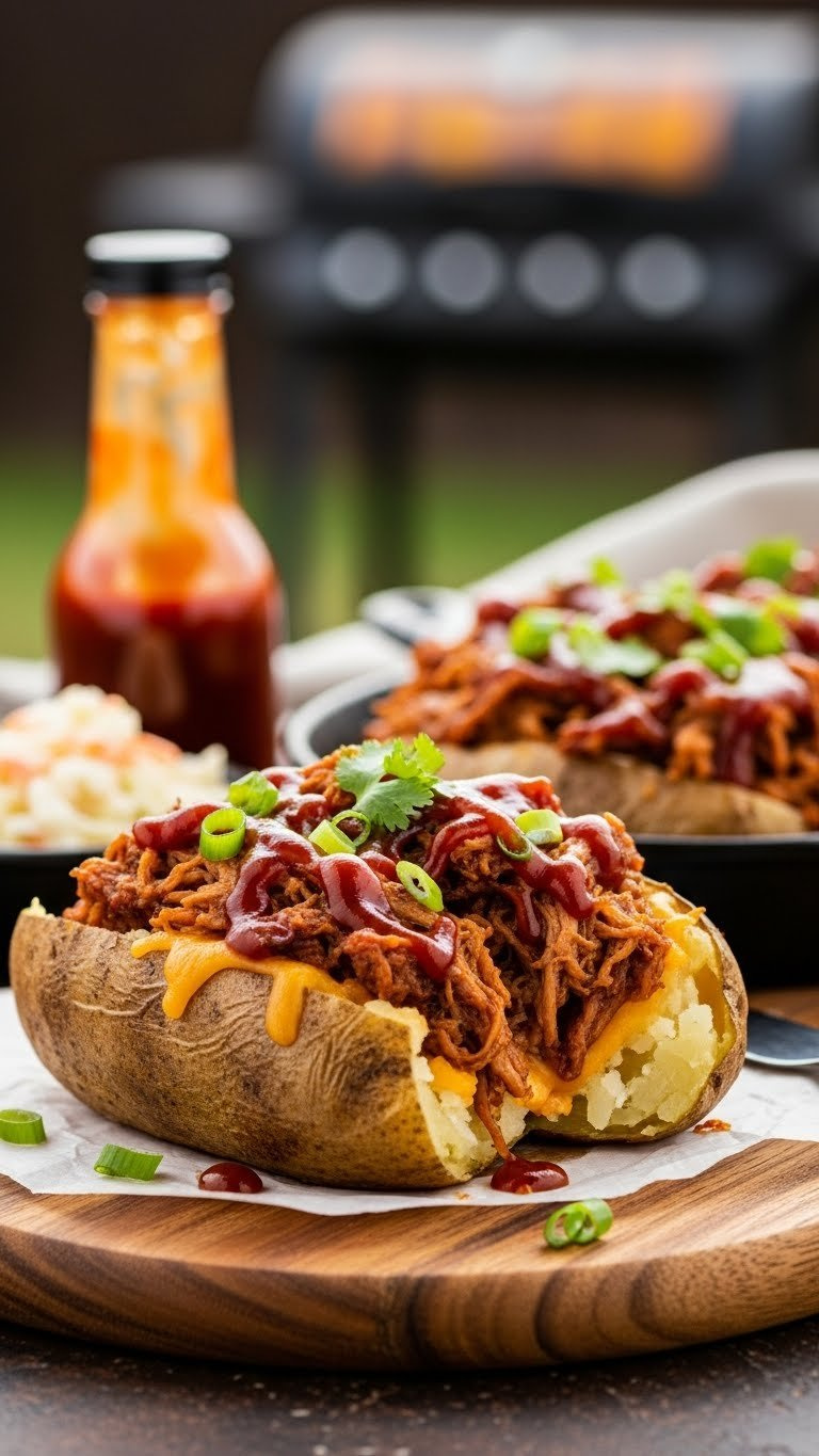 Savory Pulled Pork Bbq Twice Baked Potatoes With Tender Pulled Pork, Bbq Sauce, And Melted Cheddar Cheese