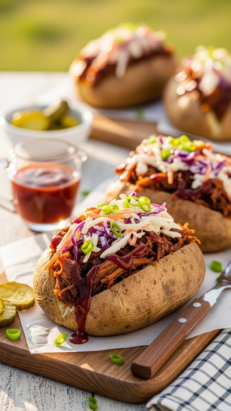 Savory Pulled Pork Stuffed Baked Potato With Barbecue Sauce And Coleslaw On Rustic Wooden Board
