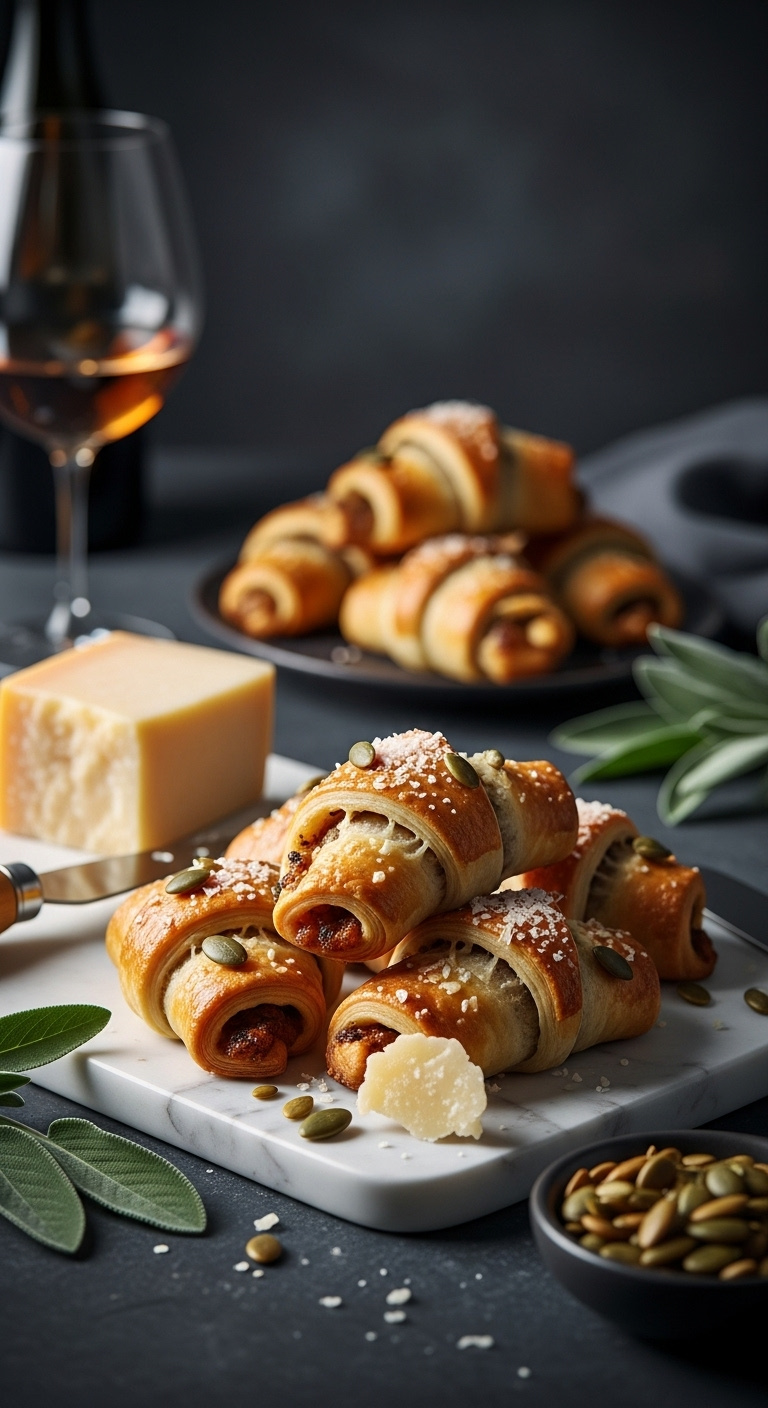 Savory Pumpkin Parmesan Rugelach On A Marble Cheese Board With Parmesan Cheese Pumpkin Seeds And Fresh Sage Elegant Appetizer