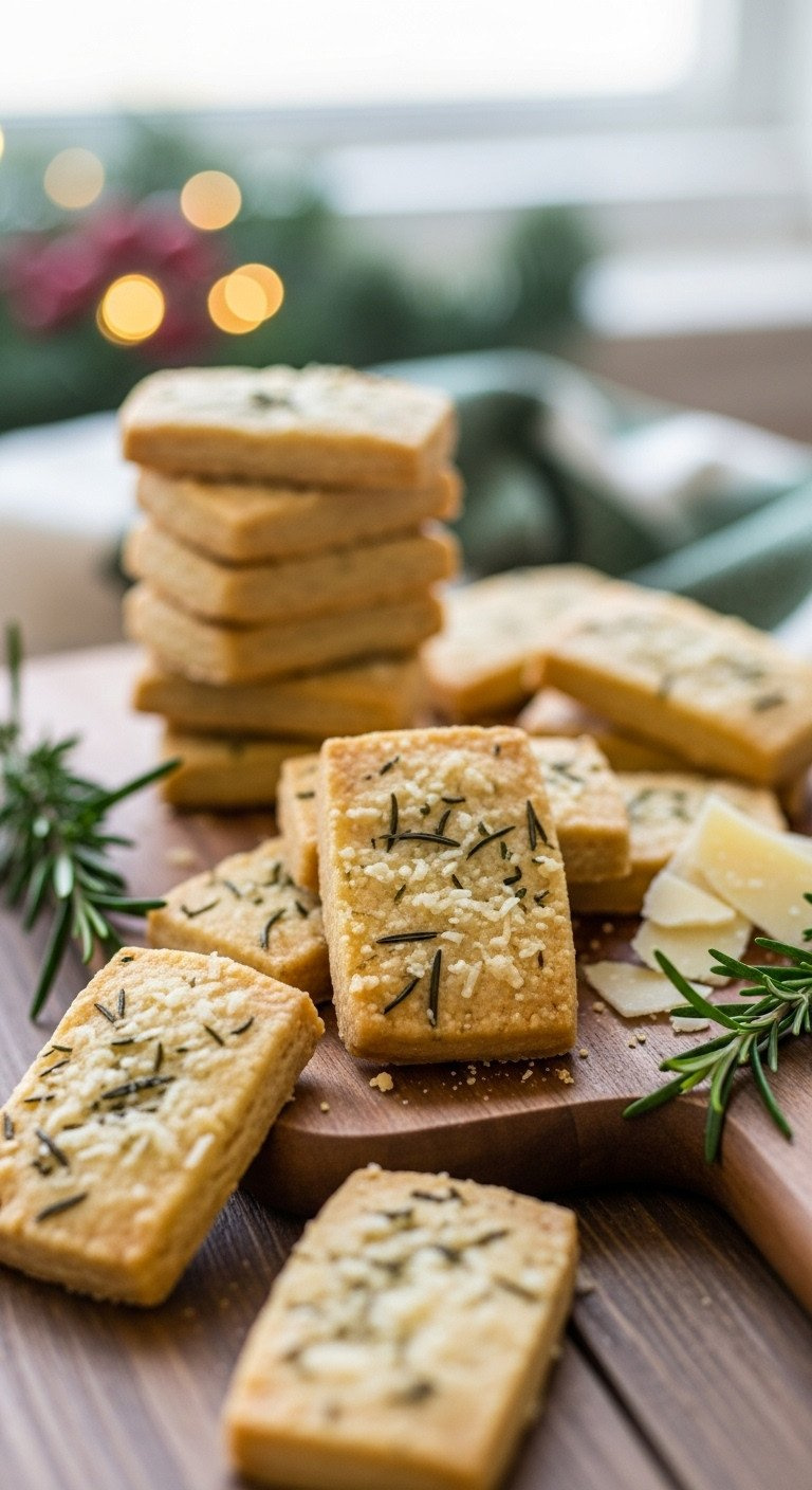 Savory Rosemary Parmesan Shortbread Cookies Stacked On A Rustic Wooden Board, A Perfect Holiday Appetizer Recipe Idea.