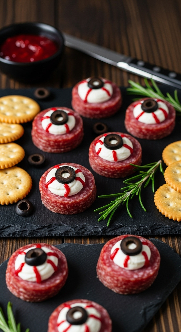 Savory Salami And Cream Cheese Eyeballs With Black Olive Pupils On A Black Slate Charcuterie Board