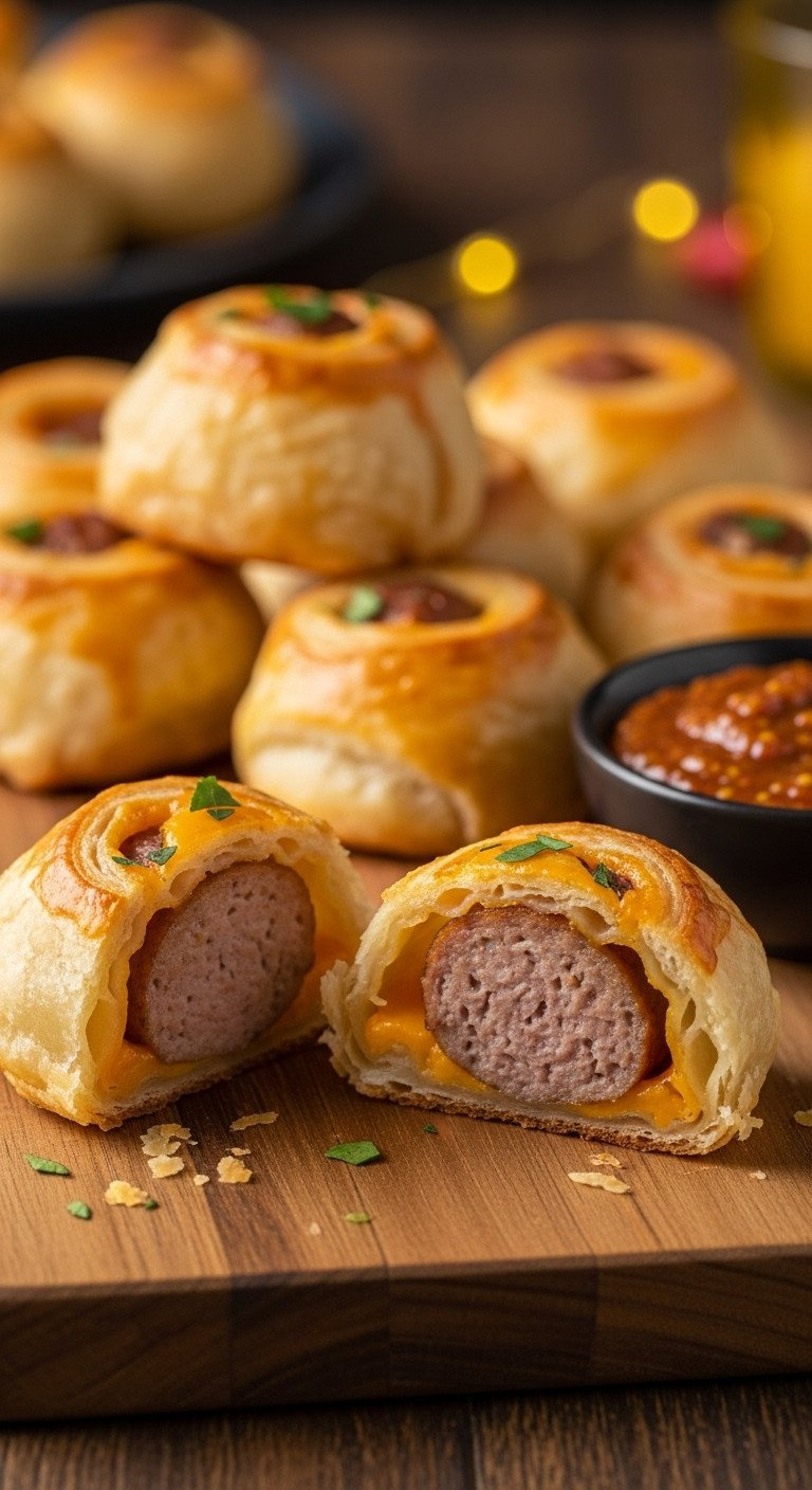 Savory Sausage &Amp; Cheddar Puff Pastry Rolls On A Wooden Board, With Mustard. Perfect Party Food Recipe.